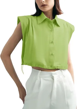 Tankaneo Womens Sleeveless Button Down Shirts Casual Loose V Neck Pad Shoulder Crop Tank Top