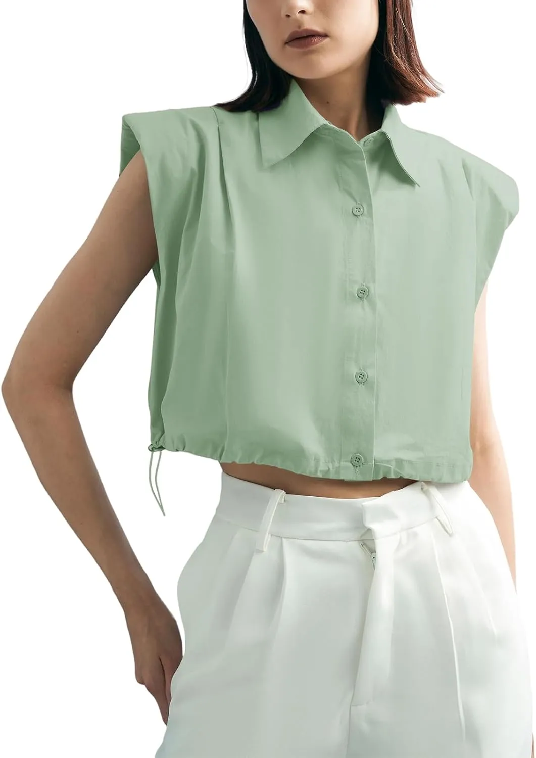 Tankaneo Womens Sleeveless Button Down Shirts Casual Loose V Neck Pad Shoulder Crop Tank Top