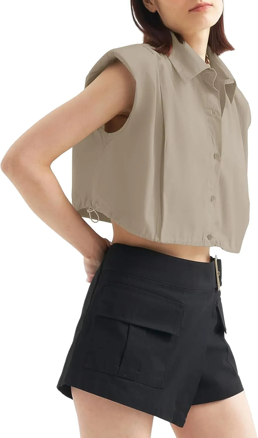 Tankaneo Womens Sleeveless Button Down Shirts Casual Loose V Neck Pad Shoulder Crop Tank Top