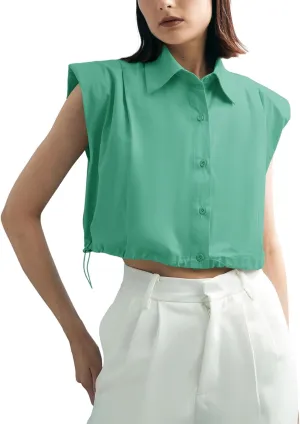 Tankaneo Womens Sleeveless Button Down Shirts Casual Loose V Neck Pad Shoulder Crop Tank Top