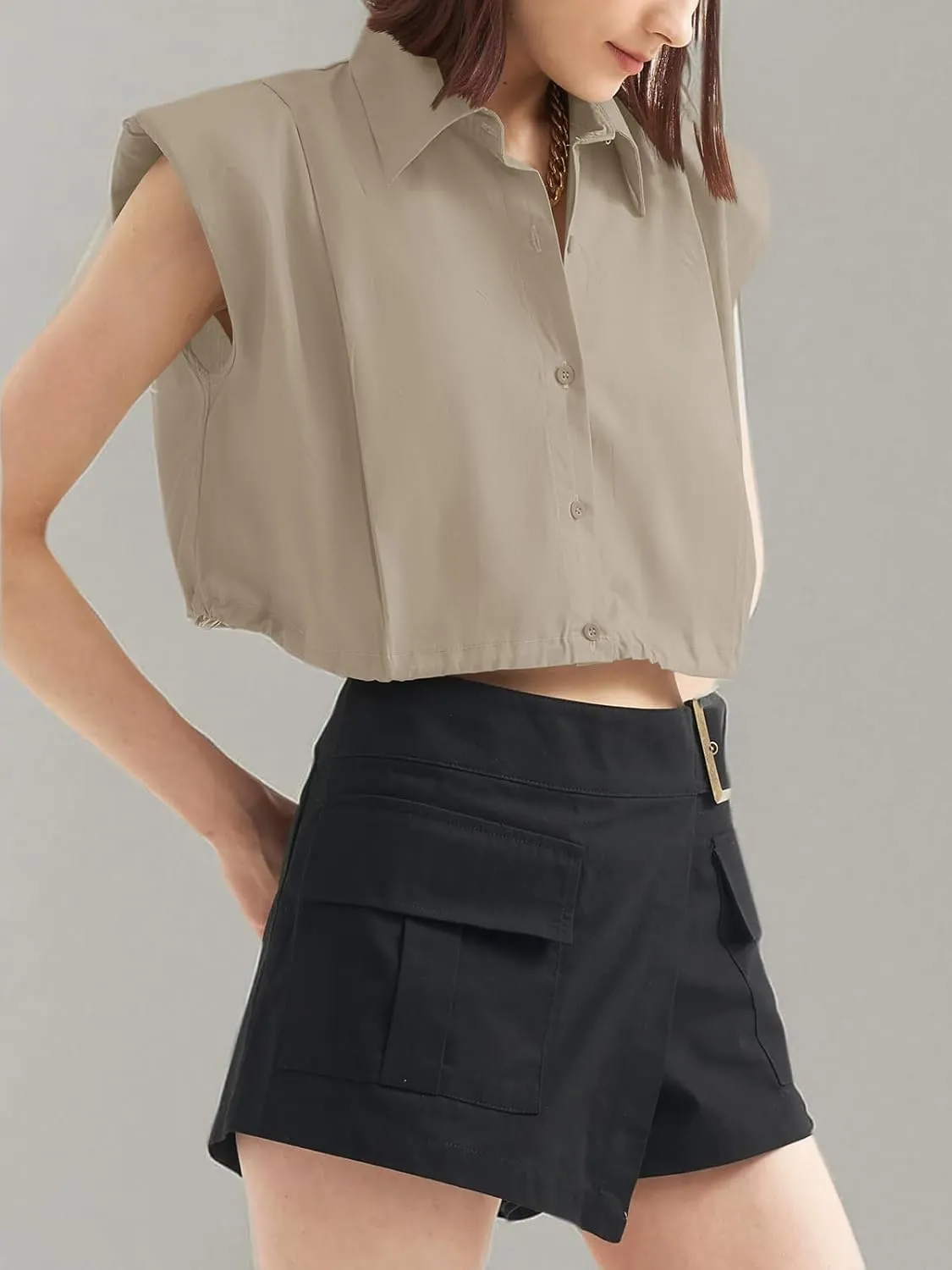 Tankaneo Womens Sleeveless Button Down Shirts Casual Loose V Neck Pad Shoulder Crop Tank Top