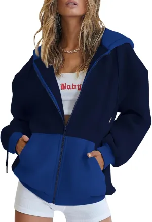 Taurus Womens Full Zip Up Hoodies Oversized Sweatshirt Casual Jacket Fashion Fall Outfits Long Sleeve Hooded with Pockets (Blue, L)
