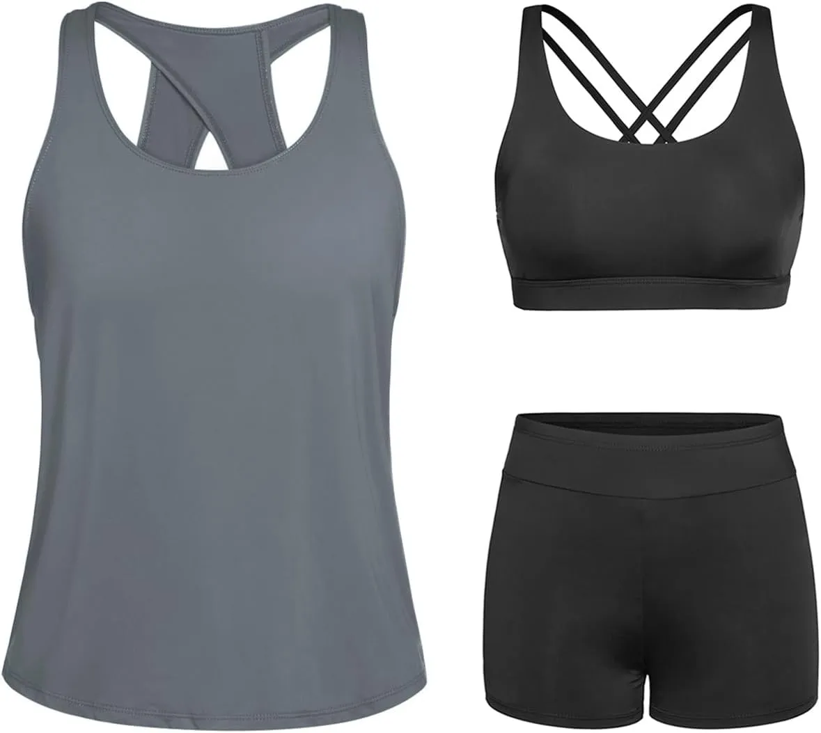 Tempt Me 3 Piece Tankini Swimsuits for Women Athletic Bathing Suits Swim Tank Top with Boy Shorts and Bra Modest Swimwear