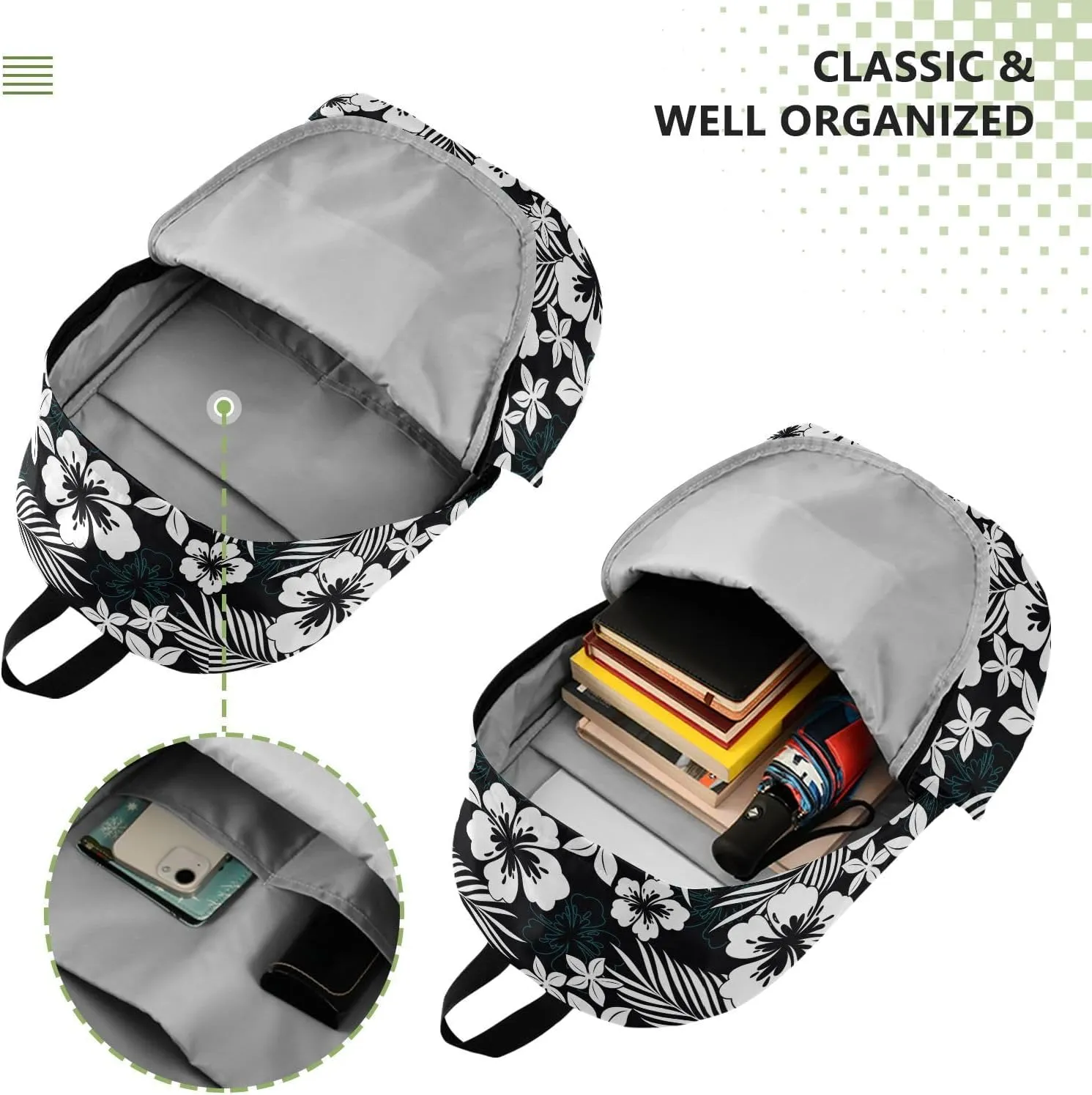 Travel Backpack Large Capacity Lightweight Black Hibiscus Flower Kids School Bag Backpack Backpack Minimalist Style with Prints Laptop Backpack with Compartment