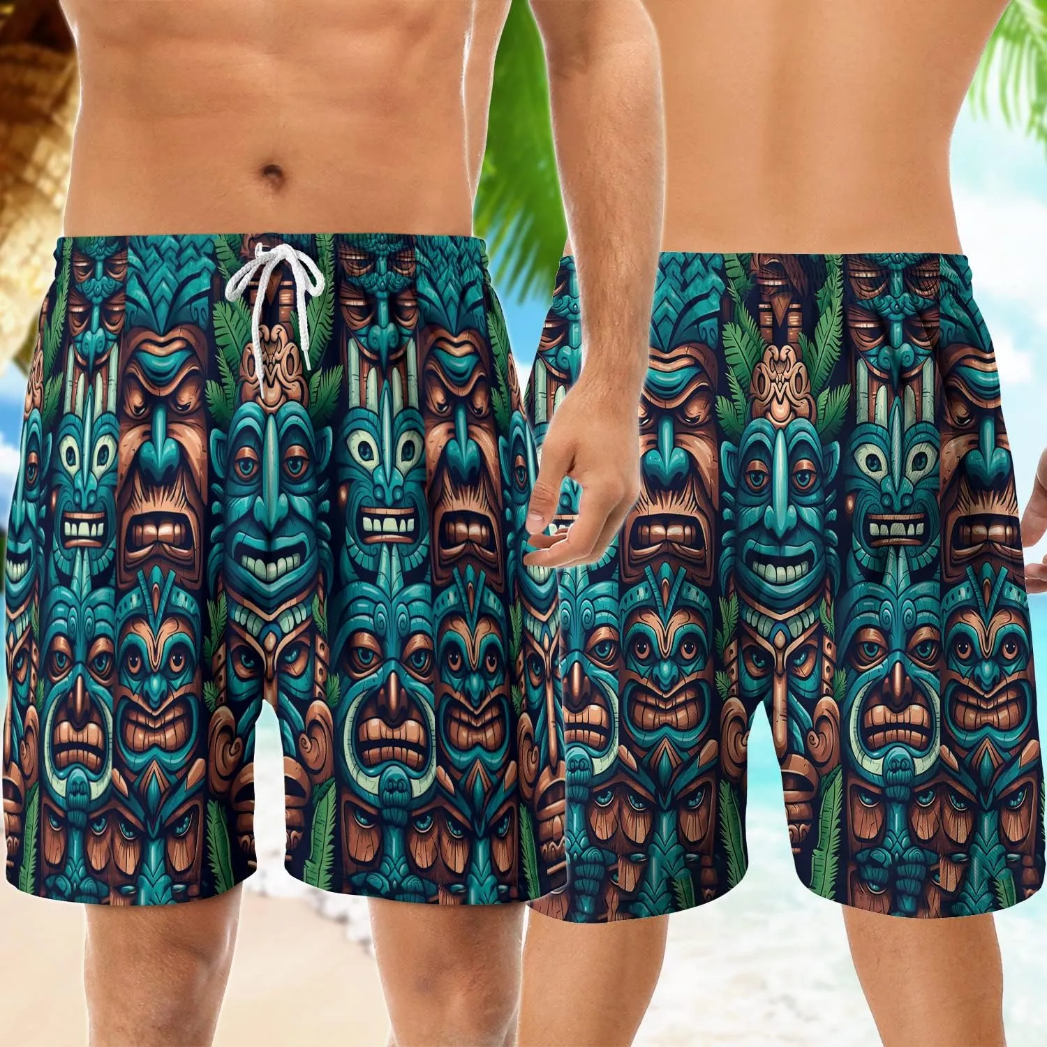 Tropical Summer Men's Quick Dry - Tiki Mask Hawaiian Shorts for Men - Beach Tiki Shorts Swim Trunks Set 7 (TND-LN-7)