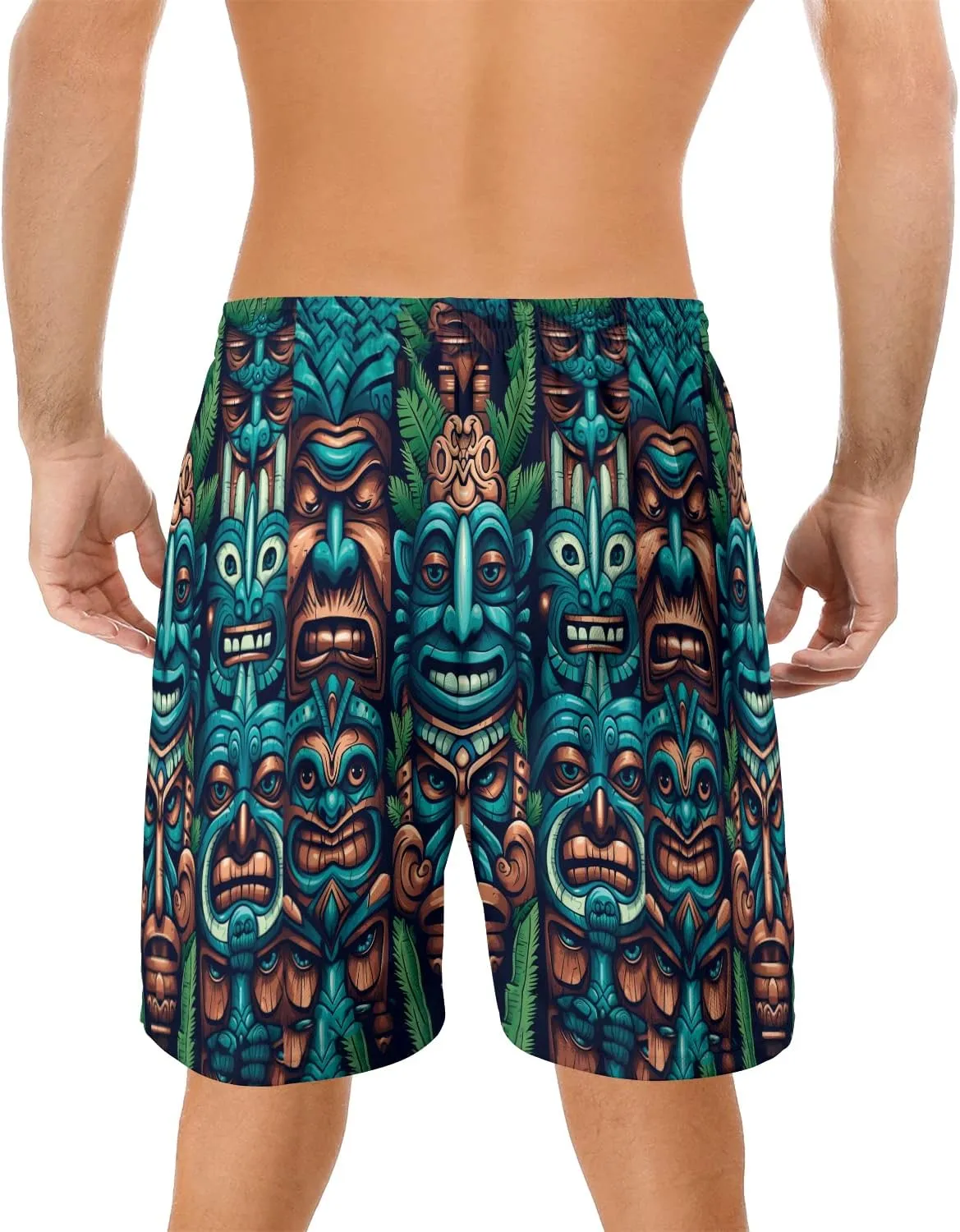 Tropical Summer Men's Quick Dry - Tiki Mask Hawaiian Shorts for Men - Beach Tiki Shorts Swim Trunks Set 7 (TND-LN-7)