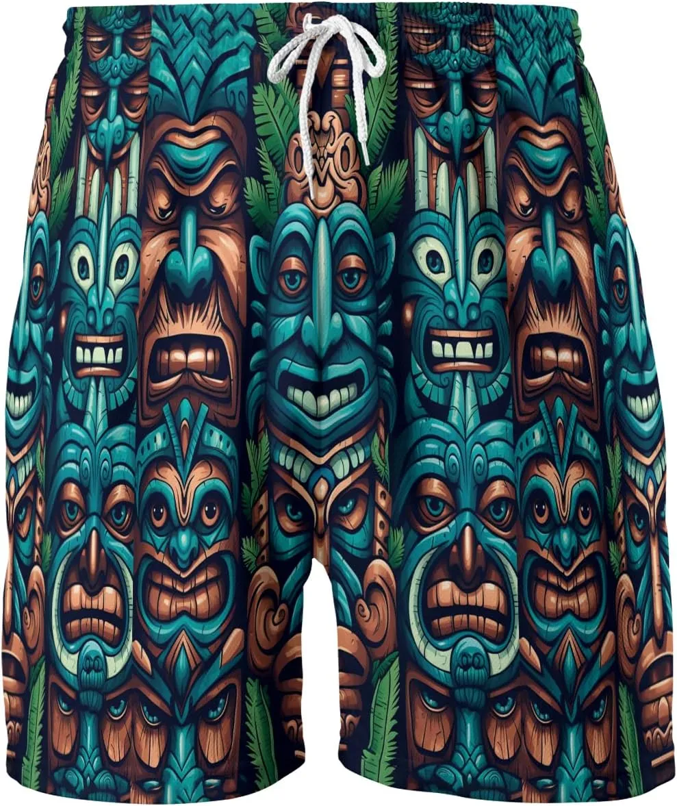 Tropical Summer Men's Quick Dry - Tiki Mask Hawaiian Shorts for Men - Beach Tiki Shorts Swim Trunks Set 7 (TND-LN-7)