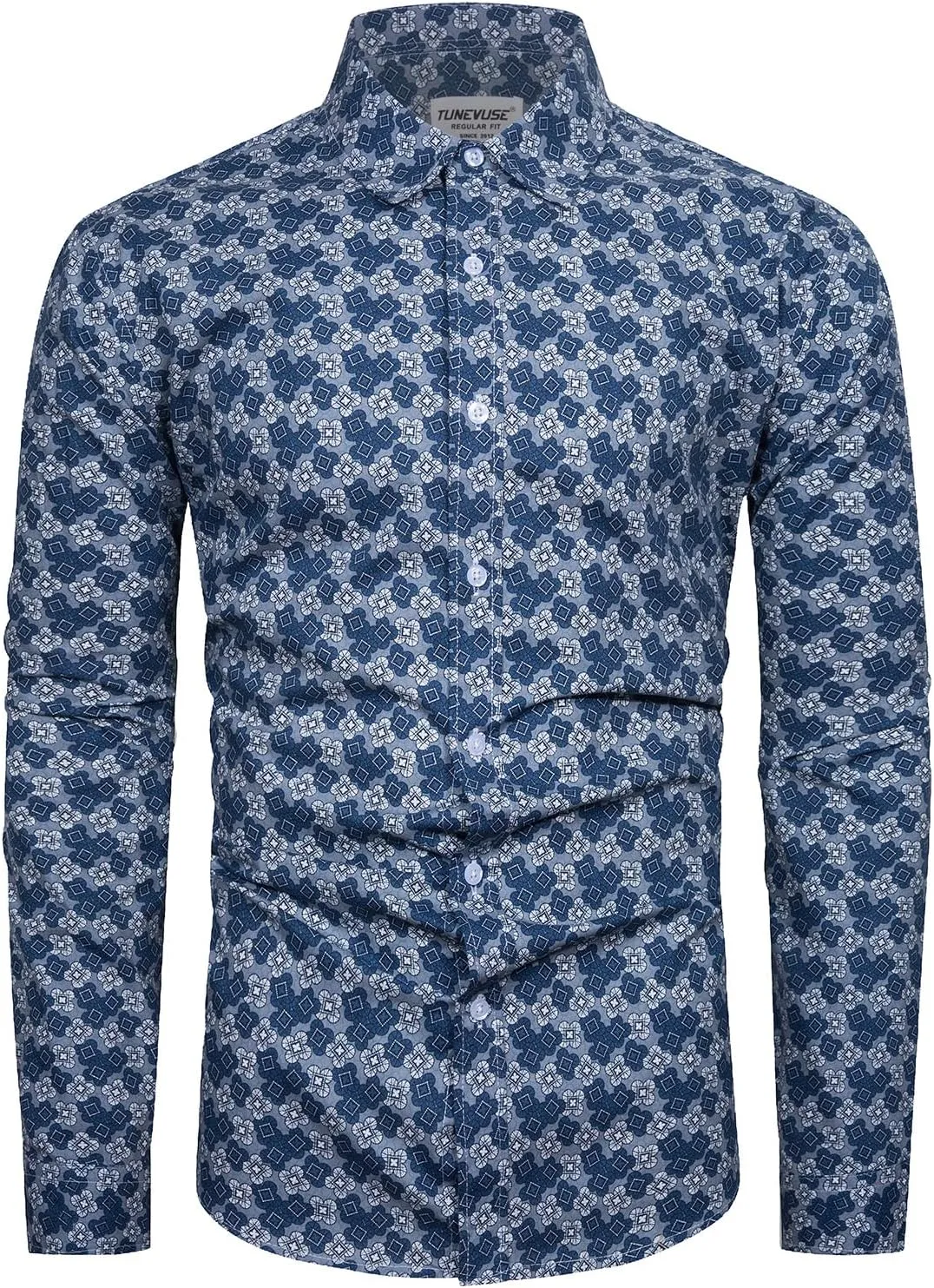 TUNEVUSE Mens Long Sleeve Floral Dress Shirt Flowered Pattern Print Button Down Shirts Cotton