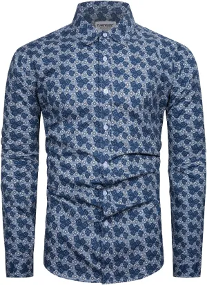 TUNEVUSE Mens Long Sleeve Floral Dress Shirt Flowered Pattern Print Button Down Shirts Cotton