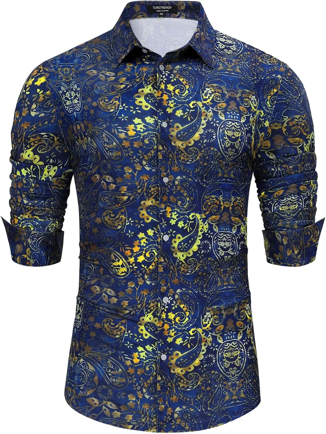 TURETRENDY Men's Paisley Floral Dress Shirt Long Sleeve Slim Fit Button Down Shirts for Prom Wedding Party