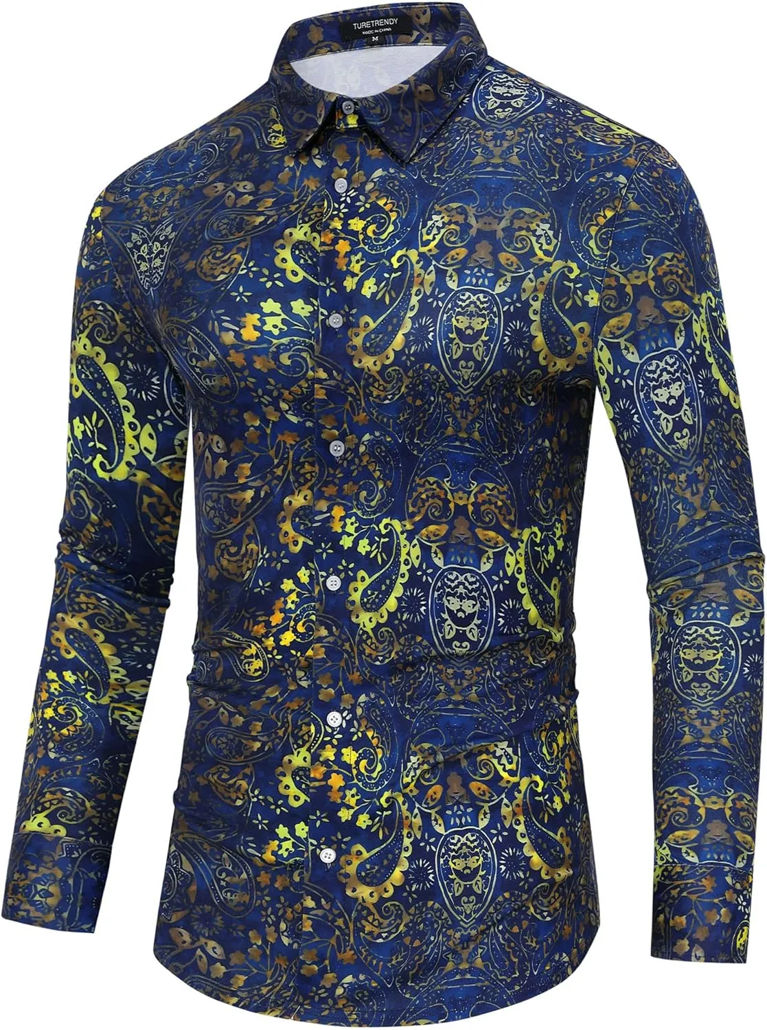 TURETRENDY Men's Paisley Floral Dress Shirt Long Sleeve Slim Fit Button Down Shirts for Prom Wedding Party