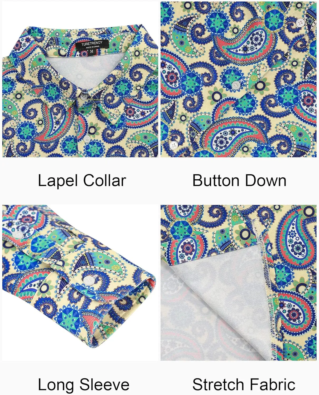 TURETRENDY Men's Paisley Floral Dress Shirt Long Sleeve Slim Fit Button Down Shirts for Prom Wedding Party