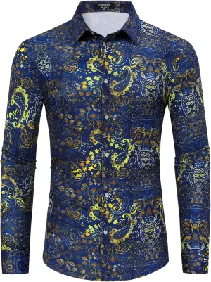 TURETRENDY Men's Paisley Floral Dress Shirt Long Sleeve Slim Fit Button Down Shirts for Prom Wedding Party