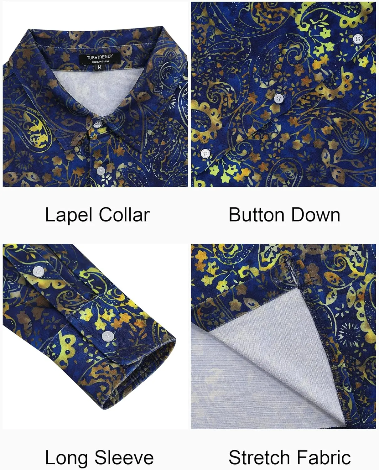 TURETRENDY Men's Paisley Floral Dress Shirt Long Sleeve Slim Fit Button Down Shirts for Prom Wedding Party