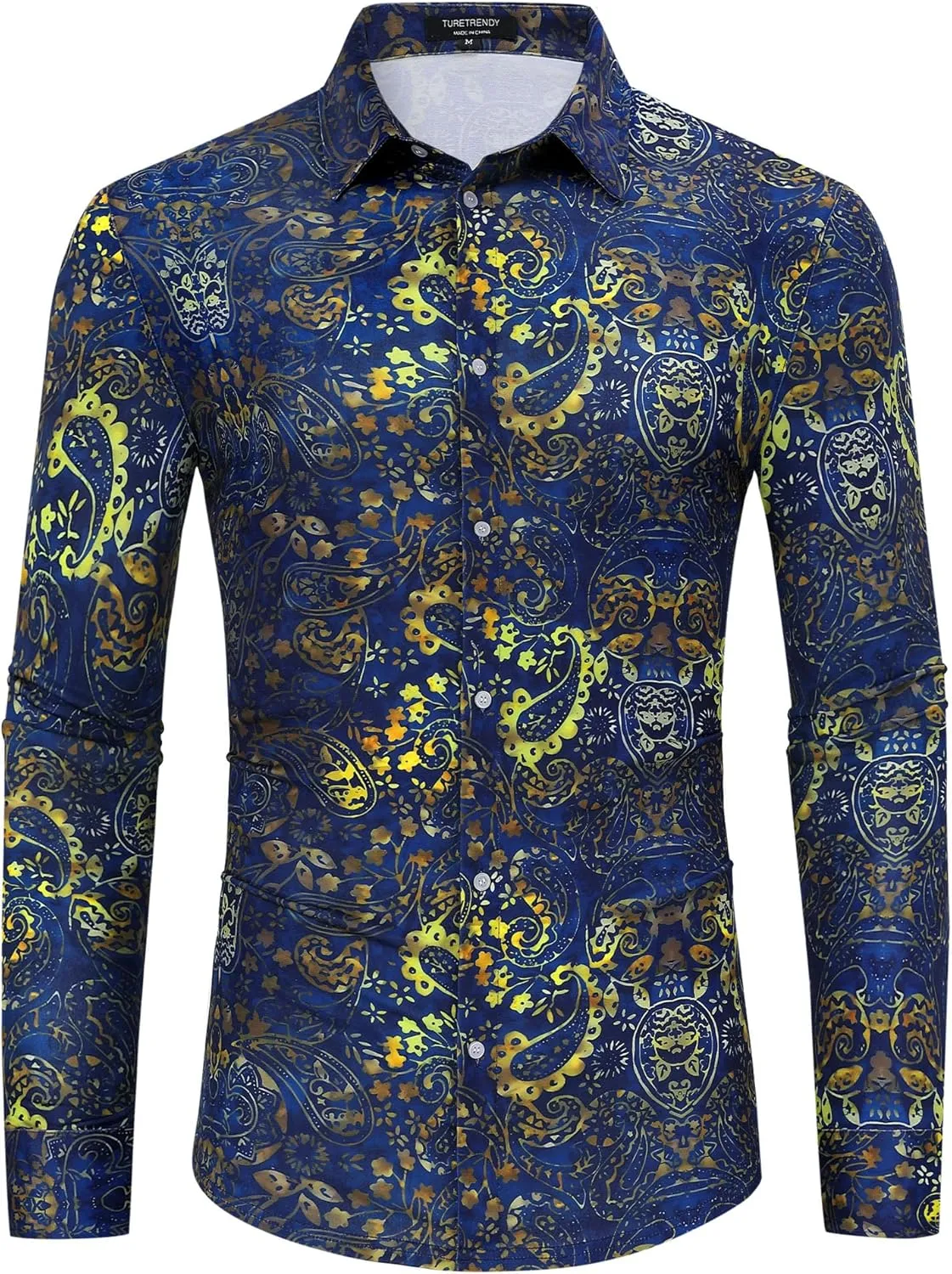 TURETRENDY Men's Paisley Floral Dress Shirt Long Sleeve Slim Fit Button Down Shirts for Prom Wedding Party