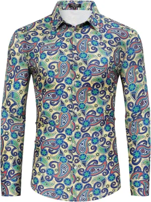 TURETRENDY Men's Paisley Floral Dress Shirt Long Sleeve Slim Fit Button Down Shirts for Prom Wedding Party