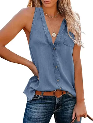 Uincloset Women's Summer Sleeveless V Neck Denim Tank Tops Casual Loose Button Down Shirts