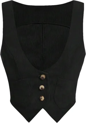 Verdusa Women's Button Front Scoop Neck Sleeveless Patch Pocket Crop Vest Blazer Jacket