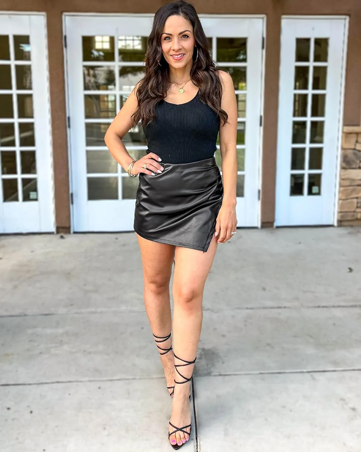Vetinee Faux Leather Skorts for Woman High Waisted Pull On Shorts Elastic Waist Ruched Wrap Asymmetrical Skorts Skirts