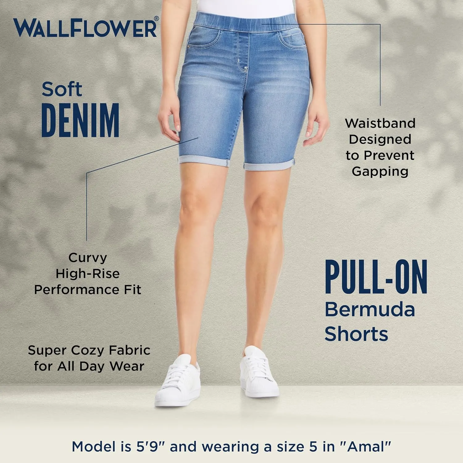 WallFlower Women's Pull On Bermuda Denim Shorts 9" High-Rise Insta Soft Juniors