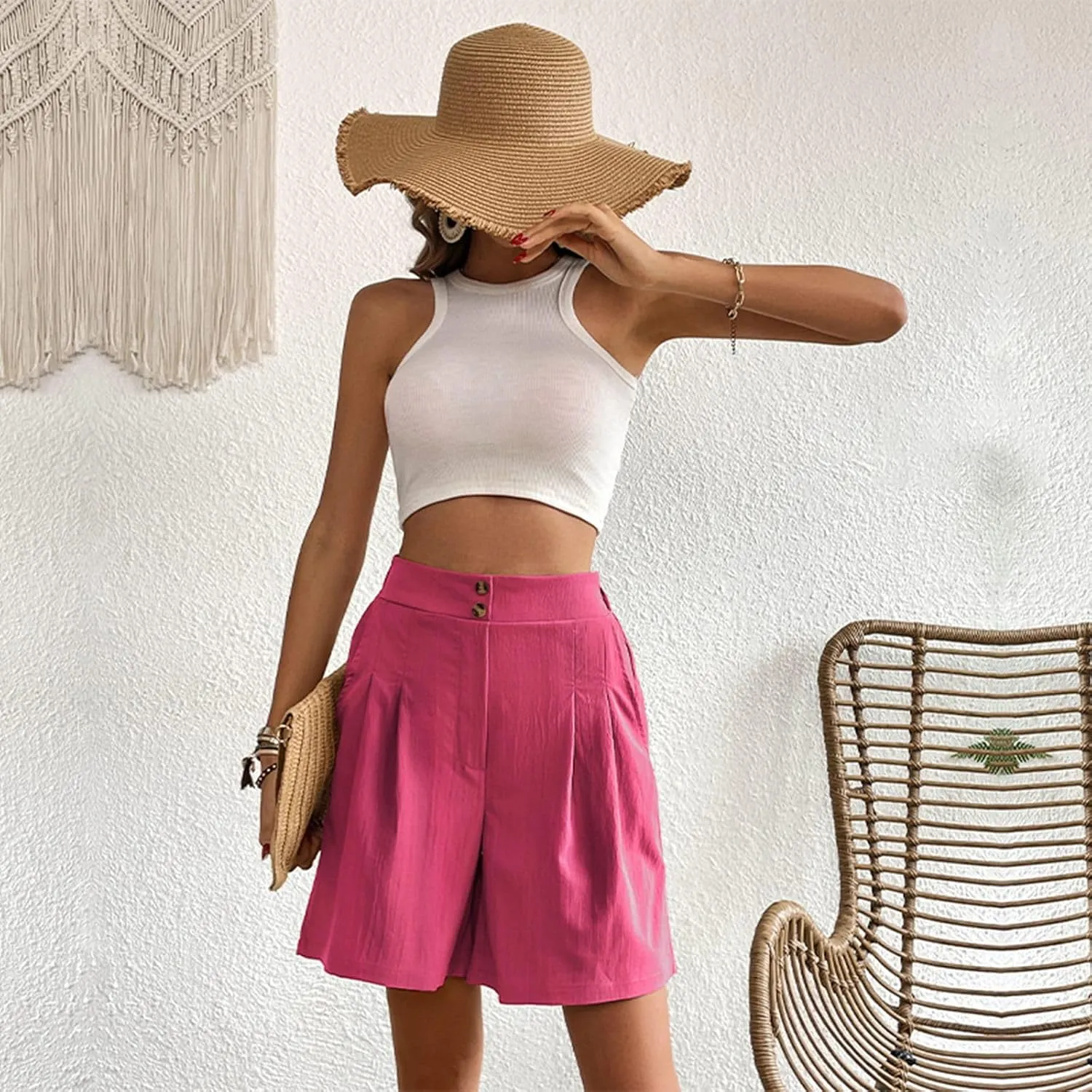 Wide Leg Shorts for Women 2024 Casual High Waisted Elegant Dress Shorts Lightweight Straight-Legs Short Trousers with Pockets