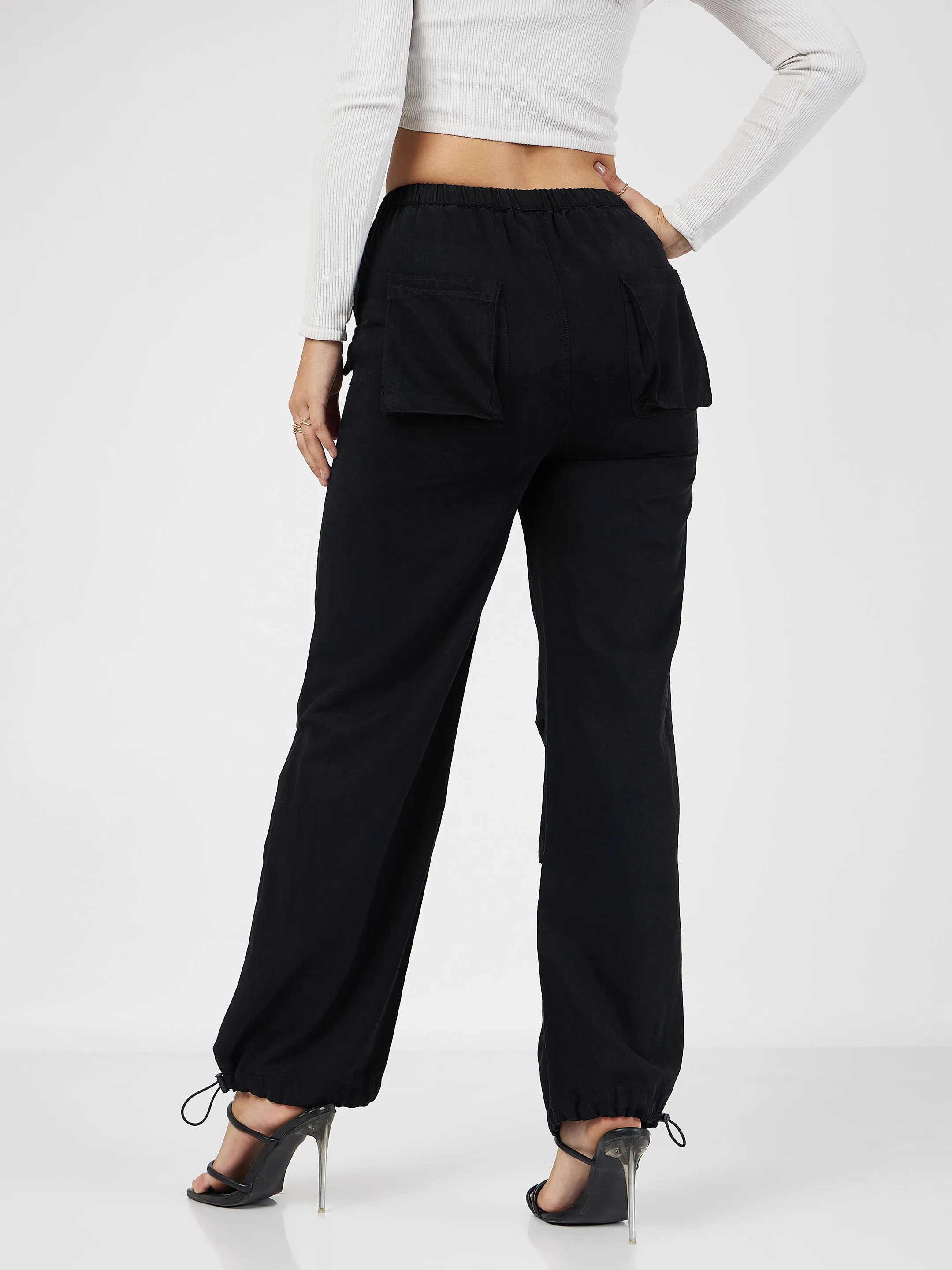 Women Black Denim Baggy Fit Cargo Pants