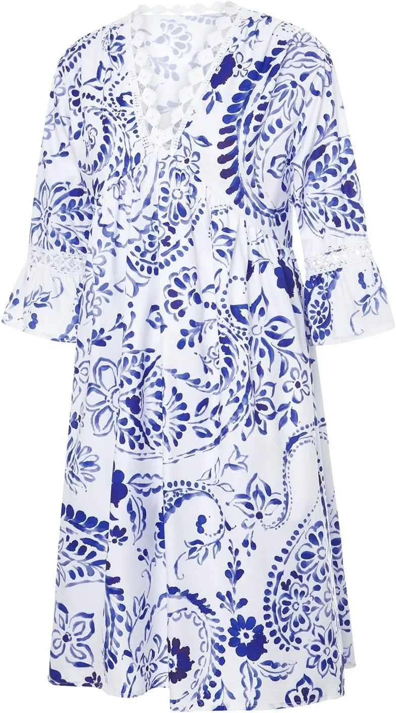 Women Casual Summer Dresses 3/4 Sleeve Party Tunic Swing Beach Sundress V Neck Bohemian Lace Trim V-Neck Midi Dress