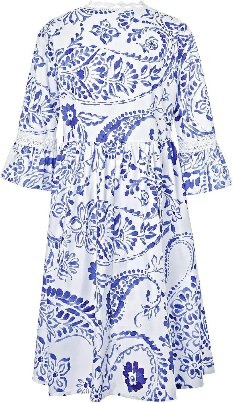 Women Casual Summer Dresses 3/4 Sleeve Party Tunic Swing Beach Sundress V Neck Bohemian Lace Trim V-Neck Midi Dress
