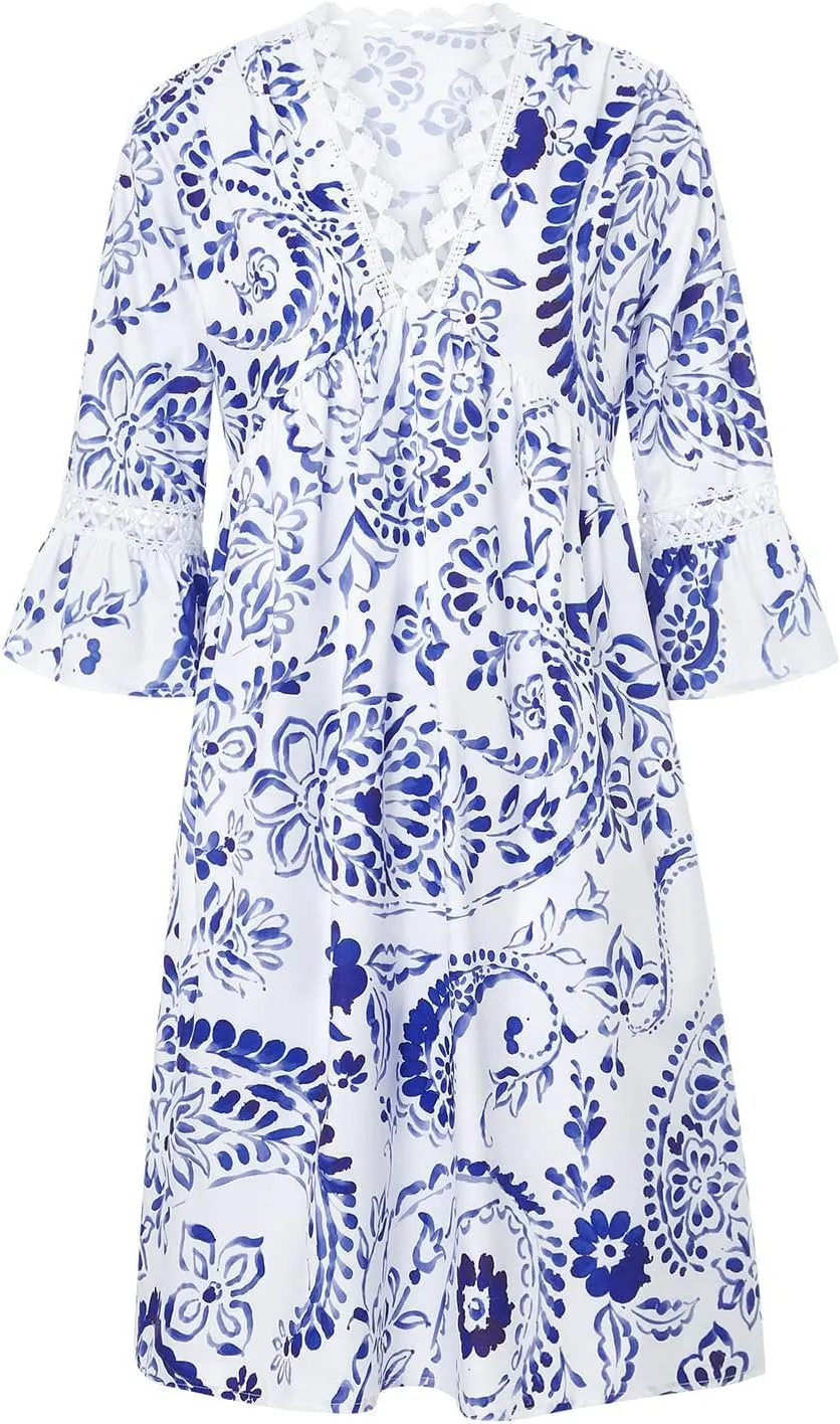 Women Casual Summer Dresses 3/4 Sleeve Party Tunic Swing Beach Sundress V Neck Bohemian Lace Trim V-Neck Midi Dress