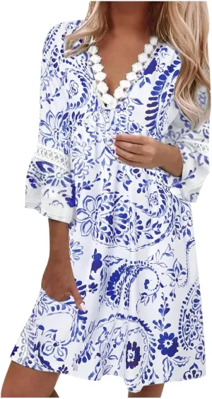 Women Casual Summer Dresses 3/4 Sleeve Party Tunic Swing Beach Sundress V Neck Bohemian Lace Trim V-Neck Midi Dress