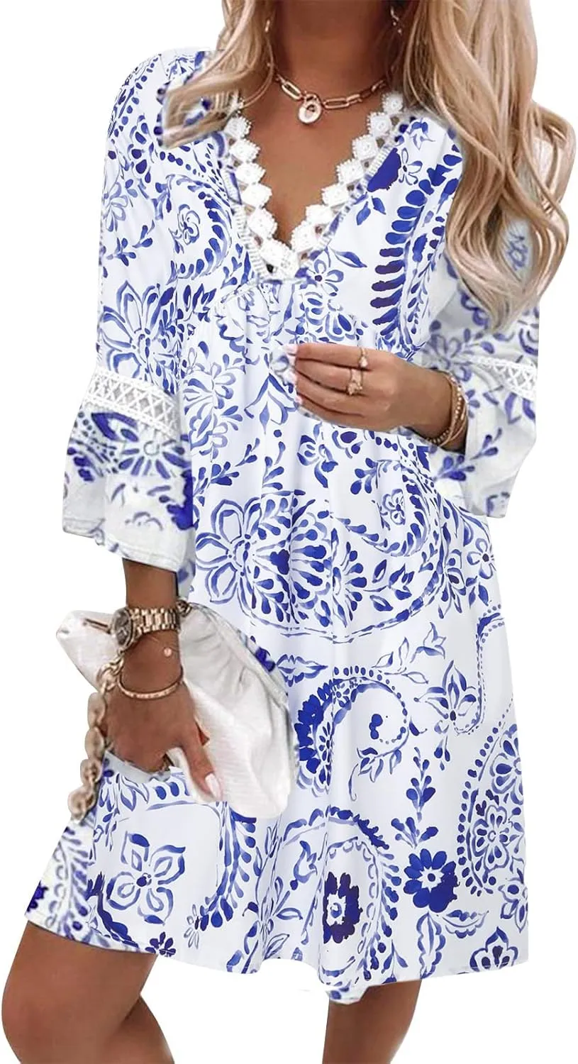 Women Casual Summer Dresses 3/4 Sleeve Party Tunic Swing Beach Sundress V Neck Bohemian Lace Trim V-Neck Midi Dress