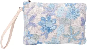 Women Floral Embroidery Beaded Clutch Purses, Woven Wristlet Sequin Summer Purse,Evening Bag for Formal Beach Party Wedding (Light blue)
