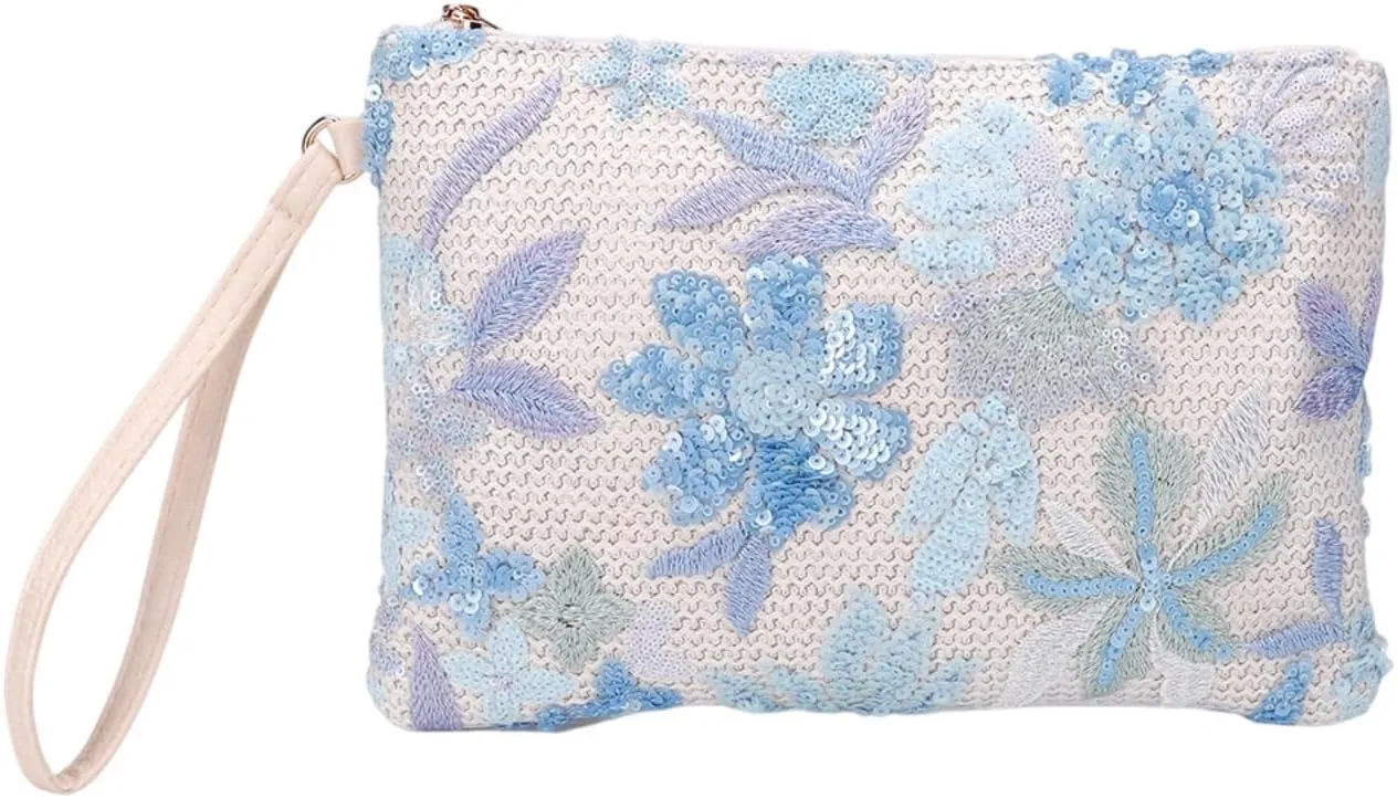 Women Floral Embroidery Beaded Clutch Purses, Woven Wristlet Sequin Summer Purse,Evening Bag for Formal Beach Party Wedding (Light blue)