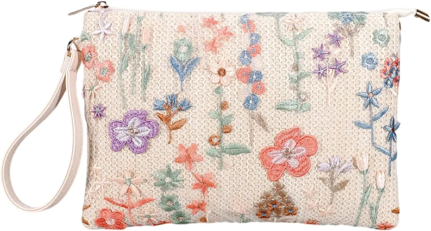 Women Floral Embroidery Beaded Clutch Purses, Woven Wristlet Sequin Summer Purse,Evening Bag for Formal Beach Party Wedding