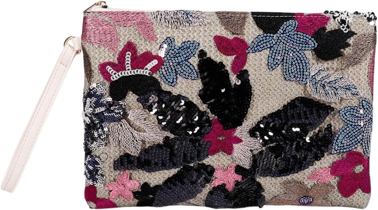 Women Floral Embroidery Beaded Clutch Purses, Woven Wristlet Sequin Summer Purse,Evening Bag for Formal Beach Party Wedding