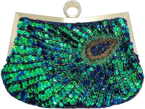 Women Full Shining Sequins Beaded Rhinestone Peacock Embroidery Clutch Purse Handbag Evening Bag (Blue)