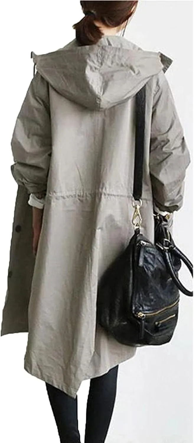 Women Hooded Trench Coat Fall Winter Lightweight Oversized Long Anoraks Jacket Plus Size Button Down Windbreaker S-5XL