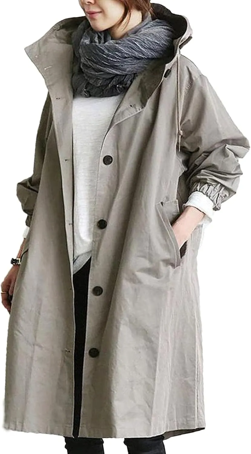 Women Hooded Trench Coat Fall Winter Lightweight Oversized Long Anoraks Jacket Plus Size Button Down Windbreaker S-5XL