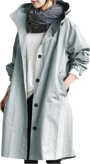 Women Hooded Trench Coat Fall Winter Lightweight Oversized Long Anoraks Jacket Plus Size Button Down Windbreaker S-5XL