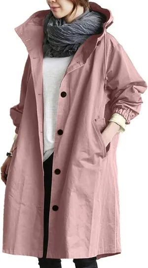 Women Hooded Trench Coat Fall Winter Lightweight Oversized Long Anoraks Jacket Plus Size Button Down Windbreaker S-5XL