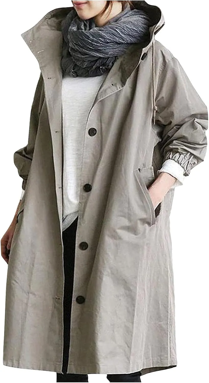 Women Hooded Trench Coat Fall Winter Lightweight Oversized Long Anoraks Jacket Plus Size Button Down Windbreaker S-5XL