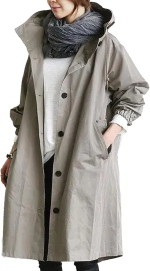 Women Hooded Trench Coat Fall Winter Lightweight Oversized Long Anoraks Jacket Plus Size Button Down Windbreaker S-5XL
