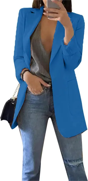 Women Lapel Collar Long Sleeve Blazer Formal Solid Color Long Suit Open Front Waist Jacket