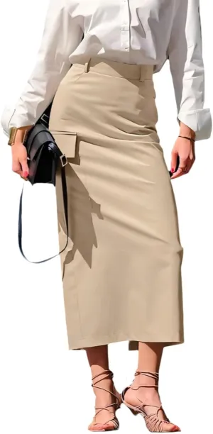 Women Long Skirt Khaki Skirt High Waist Large Pockets Split Maxi Skirt Casual Business Vacation Skirt for Women