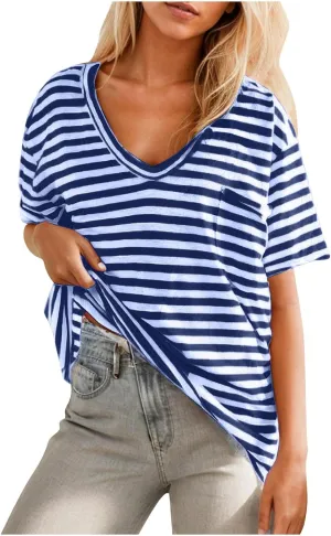 Women Oversized T Shirt Striped Short Sleeve V Neck Tee Shirt Casual Loose Drop Shoulder Summer Tops Outfits