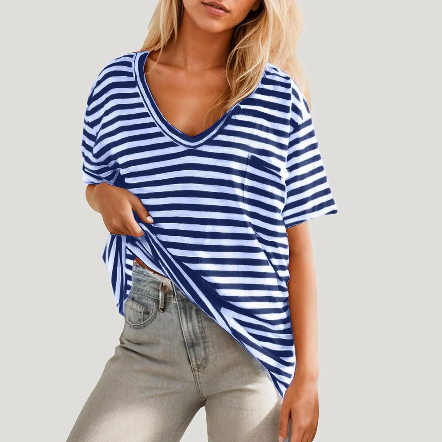 Women Oversized T Shirt Striped Short Sleeve V Neck Tee Shirt Casual Loose Drop Shoulder Summer Tops Outfits