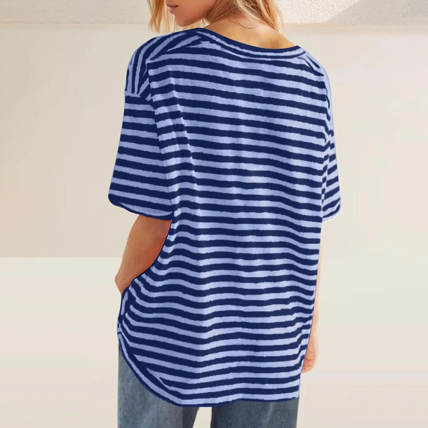 Women Oversized T Shirt Striped Short Sleeve V Neck Tee Shirt Casual Loose Drop Shoulder Summer Tops Outfits