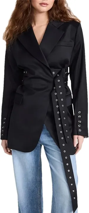 Women Patchwork Belts Blazers for Women Notched Collar Long Sleeve Hit Color Casual Temperament Blazer Female