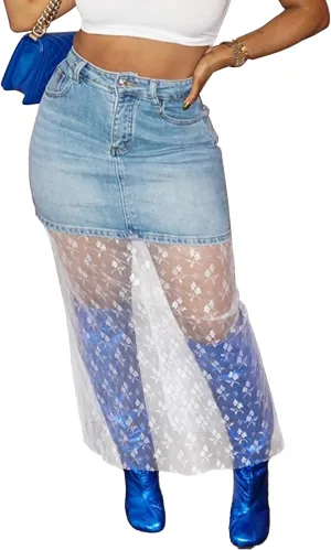 Women Patchwork Tull Lace Jean Skirt Sexy Floral Mesh High Waisted Slit Maxi Denim Skirt Y2k