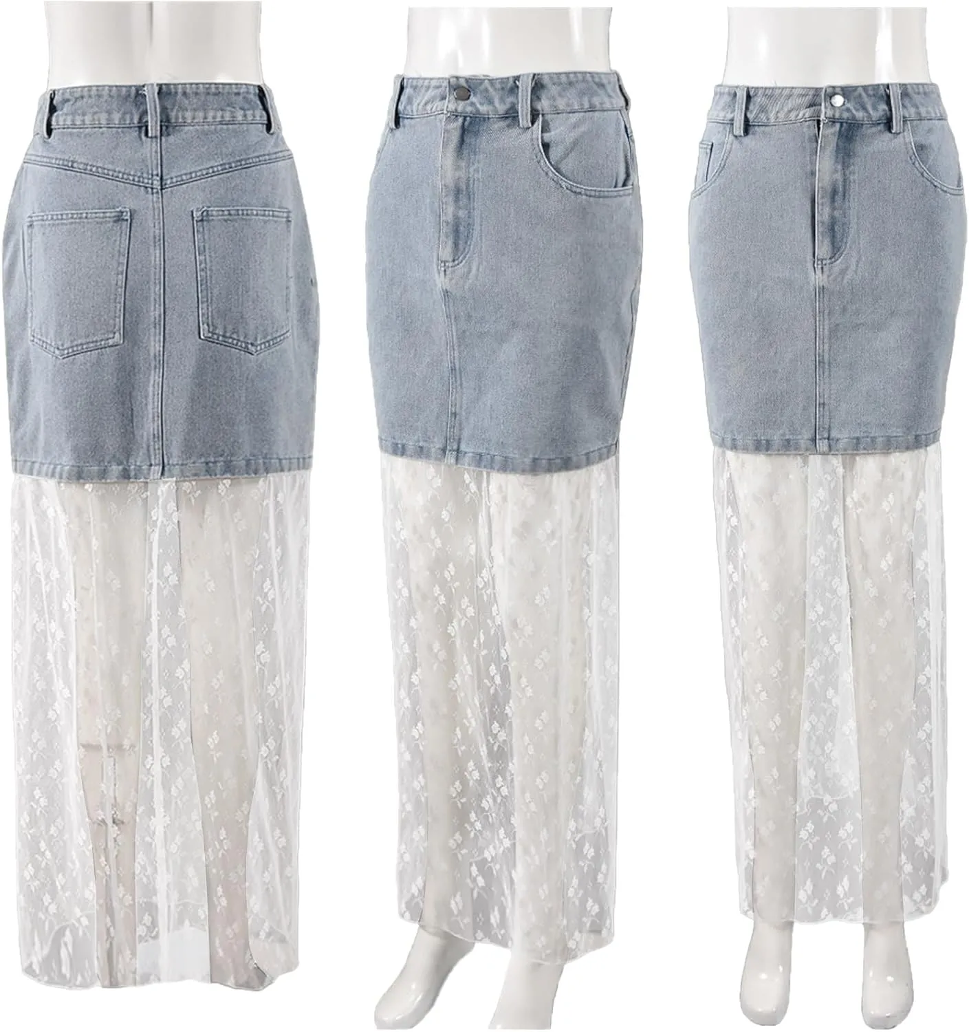Women Patchwork Tull Lace Jean Skirt Sexy Floral Mesh High Waisted Slit Maxi Denim Skirt Y2k